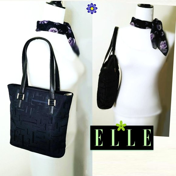 ELLE Paris Blue Nylon Tote Shoulder Bag Black Leather Handle Front Pocket ZipTop - Picture 2 of 10